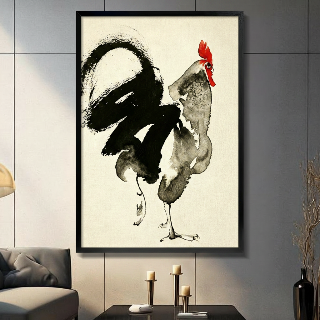 Black framed Chinese ink wash rooster with bold black brushstroke tail feathers vivid red comb and gray wash body standing proudly on cream rice paper background traditional sumi-e painting canvas wall art hung on a soft blue-gray wall beside a white linen wood folding chair