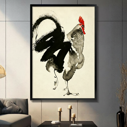 Black framed Chinese ink wash rooster with bold black brushstroke tail feathers vivid red comb and gray wash body standing proudly on cream rice paper background traditional sumi-e painting canvas wall art hung on a soft blue-gray wall beside a white linen wood folding chair