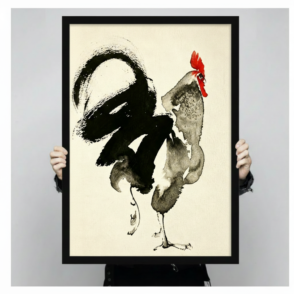 Two hands in black jacket sleeves holding a large black framed Chinese ink wash rooster with expressive black brushstroke feathers red comb and gray wash body traditional sumi-e painting canvas art print on warm cream rice paper background, front-facing vertical size display