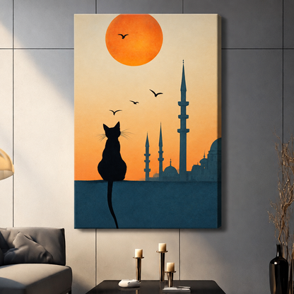 Minimalist illustration of a black cat silhouette sitting on a ledge facing an Istanbul mosque skyline under a large orange sun with flying birds wall art stretched canvas dark panel wall living room