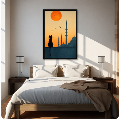 Minimalist illustration of a black cat silhouette sitting on a ledge facing an Istanbul mosque skyline under a large orange sun with flying birds wall art framed print above bed sunlit bedroom