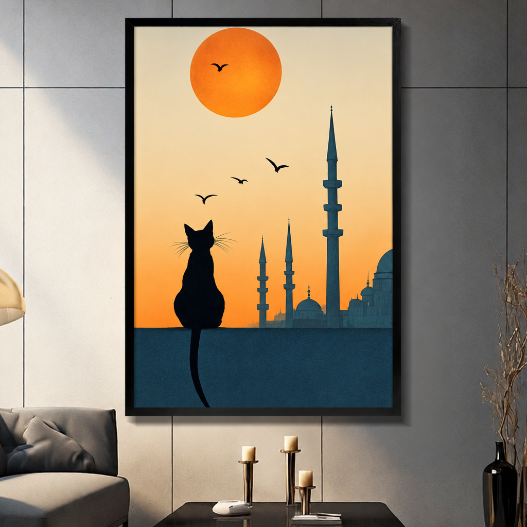 Minimalist illustration of a black cat silhouette sitting on a ledge facing an Istanbul mosque skyline under a large orange sun with flying birds wall art framed print dark panel wall living room
