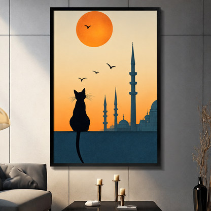 Minimalist illustration of a black cat silhouette sitting on a ledge facing an Istanbul mosque skyline under a large orange sun with flying birds wall art framed print dark panel wall living room