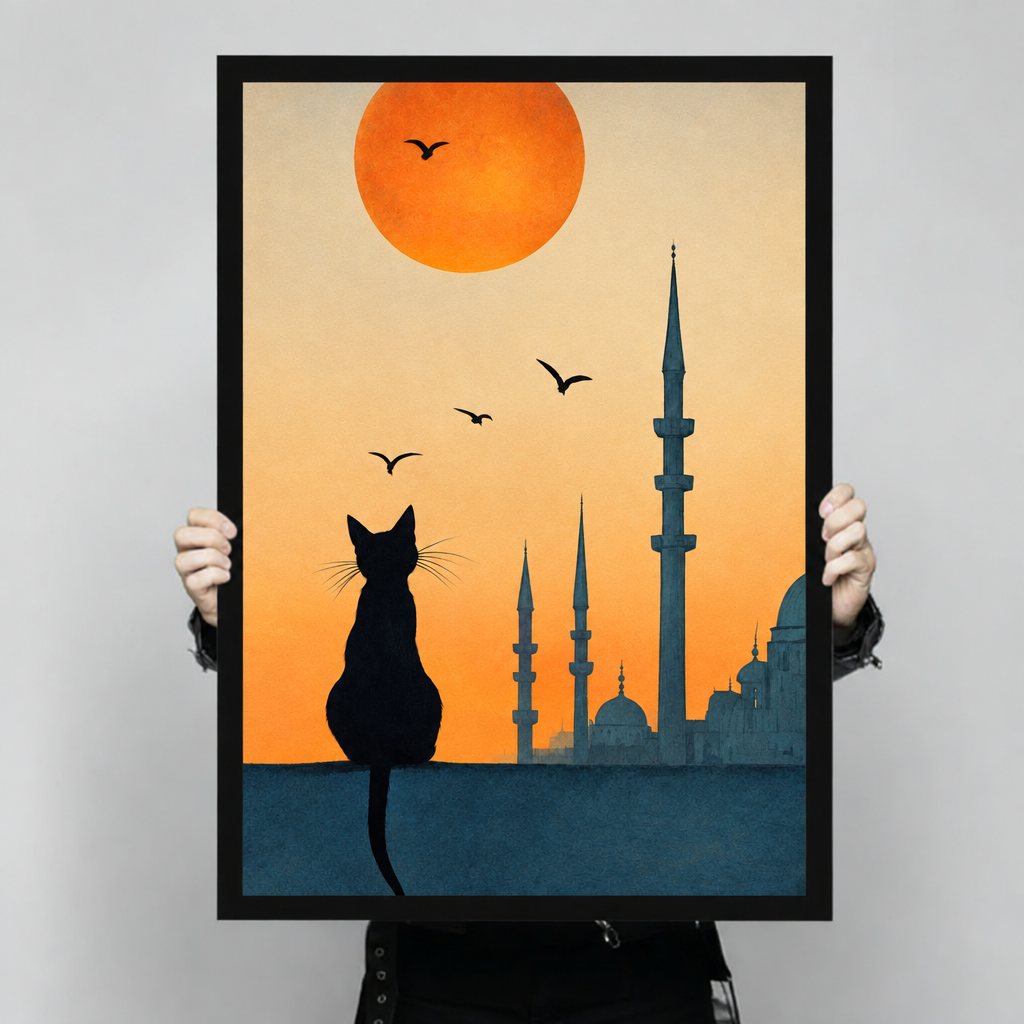 Minimalist illustration of a black cat silhouette sitting on a ledge facing an Istanbul mosque skyline under a large orange sun with flying birds wall art framed print held up