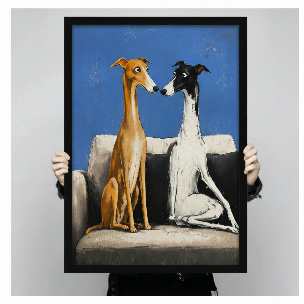 Framed canvas art print of two greyhounds on sofa with vivid blue background, held up showing full artwork detail and black frame