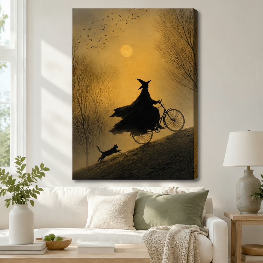 Gallery wrapped canvas of witch on bicycle black cat and birds amber foggy moon painting displayed above white sofa in bright boho living room