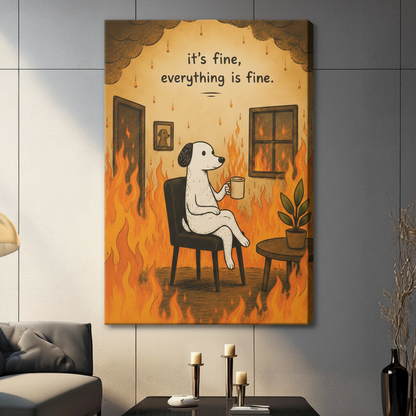 Viral "this is fine" meme art print featuring a relaxed white dog with coffee cup seated calmly on a black chair as fire engulfs the entire room with smoke-filled ceiling and green potted plant on round side table humorous illustration stretched canvas wall art print hanging in a contemporary living room with gray tiled wall