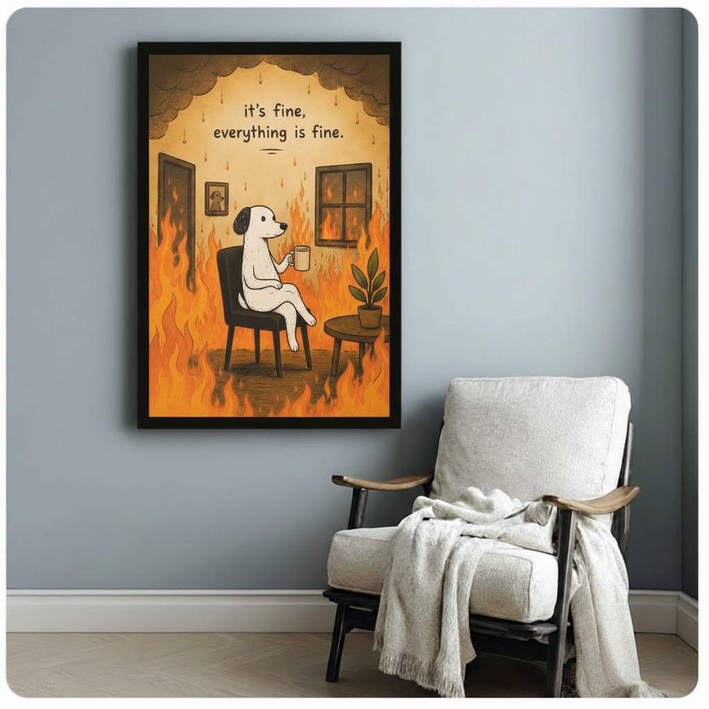 Iconic internet meme illustration of a white cartoon dog calmly drinking coffee while sitting in a burning room with tall orange flames dark smoke clouds framed dog portrait on wall and green plant on wooden side table with text it's fine everything is fine framed art poster displayed beside a white fabric lounge chair with draped throw blanket against a blue-gray wall