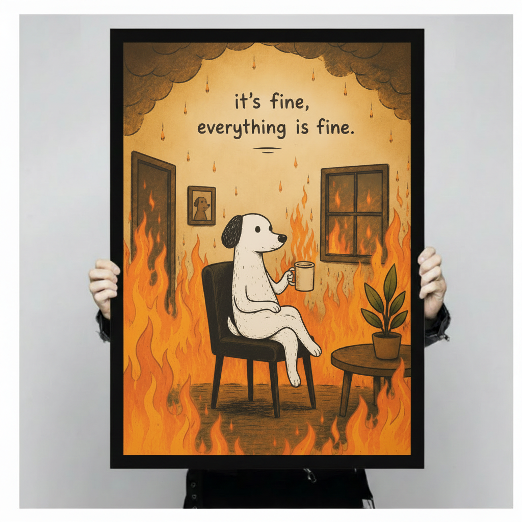 Humorous "it's fine everything is fine" dog meme wall art showing a composed white cartoon dog holding a coffee mug cross-legged on a black chair surrounded by blazing orange fire and billowing smoke with potted green plant and dog wall portrait framed wall art print held up for size reference against a light gray neutral background