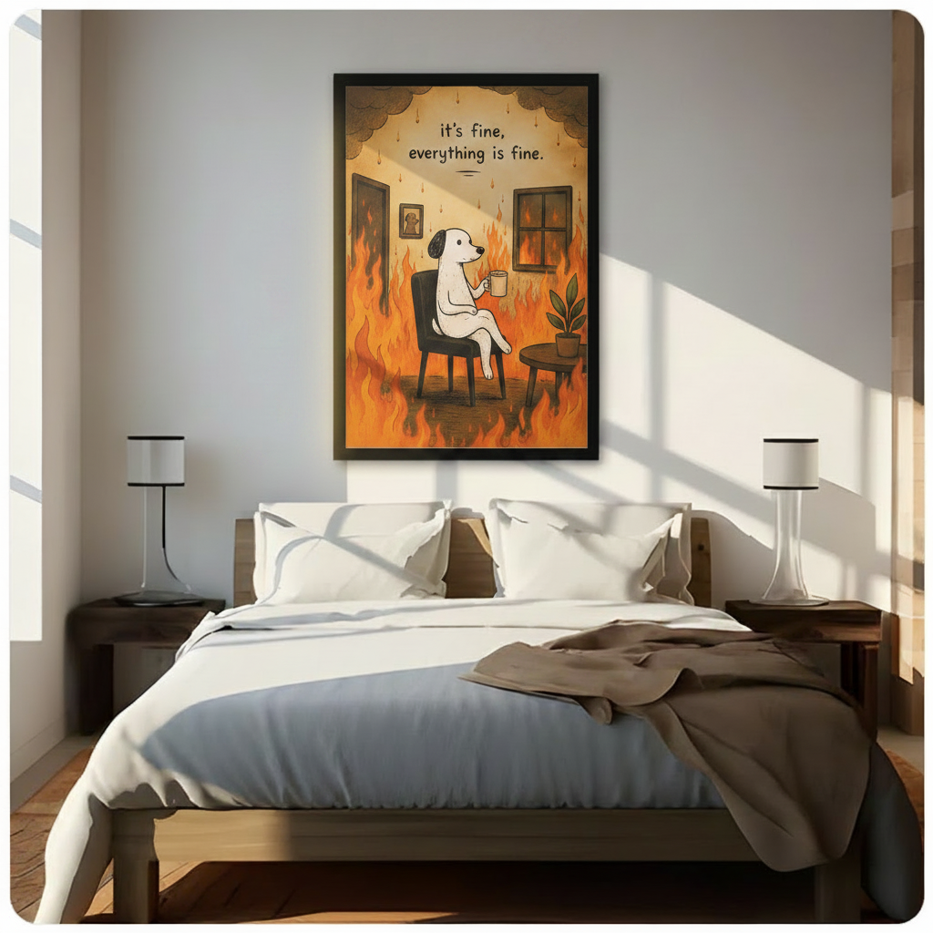 Framed "It's Fine Everything Is Fine" dog meme canvas wall art hung above a wooden bed with white bedding in a bright sunlit bedroom