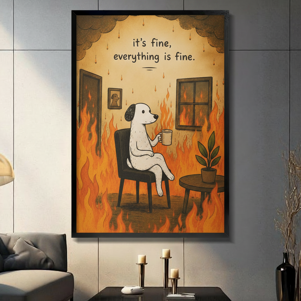 Framed canvas wall art featuring the "It's Fine Everything Is Fine" dog meme print, displayed above a dark sofa in a modern living room