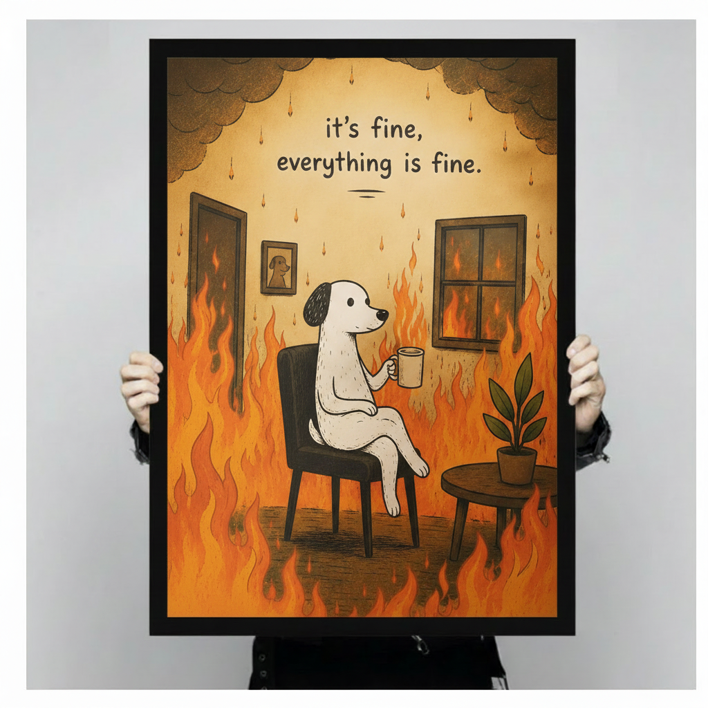 Close-up of a black framed poster print showing the "It's Fine Everything Is Fine" cartoon dog with coffee mug surrounded by flames, held by two hands