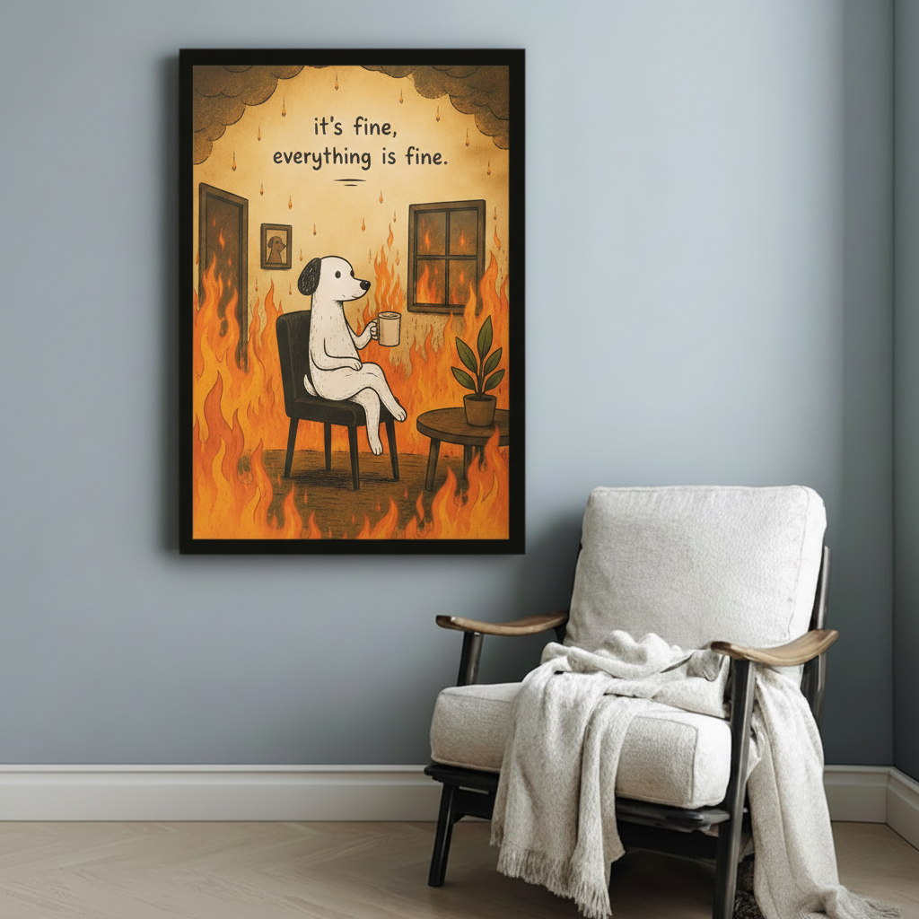 Black framed "It's Fine Everything Is Fine" dog meme wall art print displayed above a white linen armchair in a minimalist room