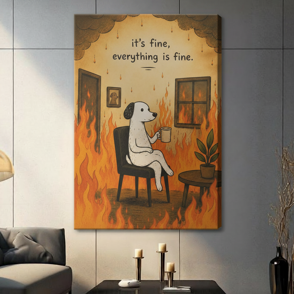 Gallery-wrapped canvas print of the iconic "It's Fine Everything Is Fine" dog sitting in a burning room, hung in a contemporary living room setting