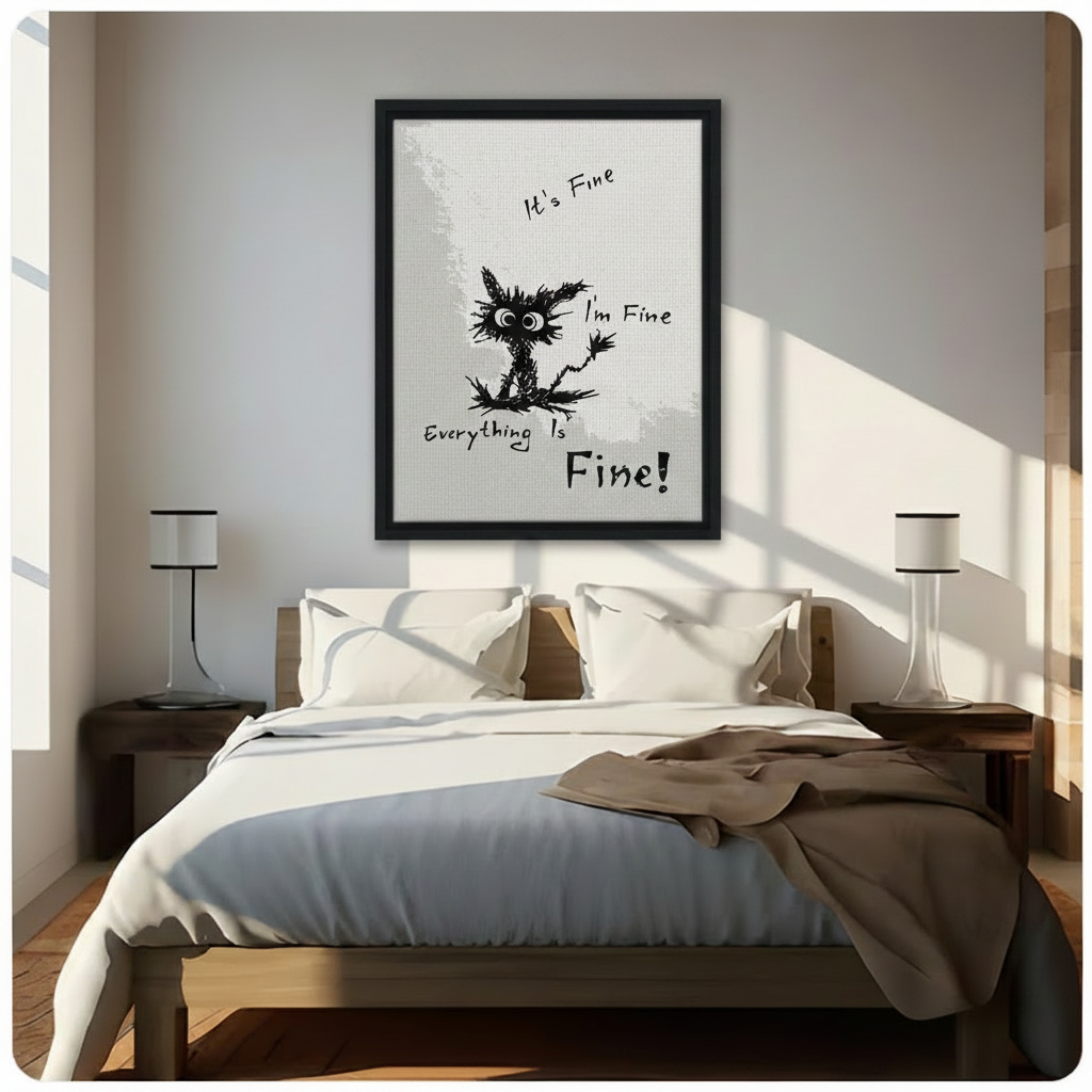 Funny it's fine I'm fine cat quote framed wall art above bed in bright minimalist bedroom, humorous black cat print perfect as gift for cat lovers