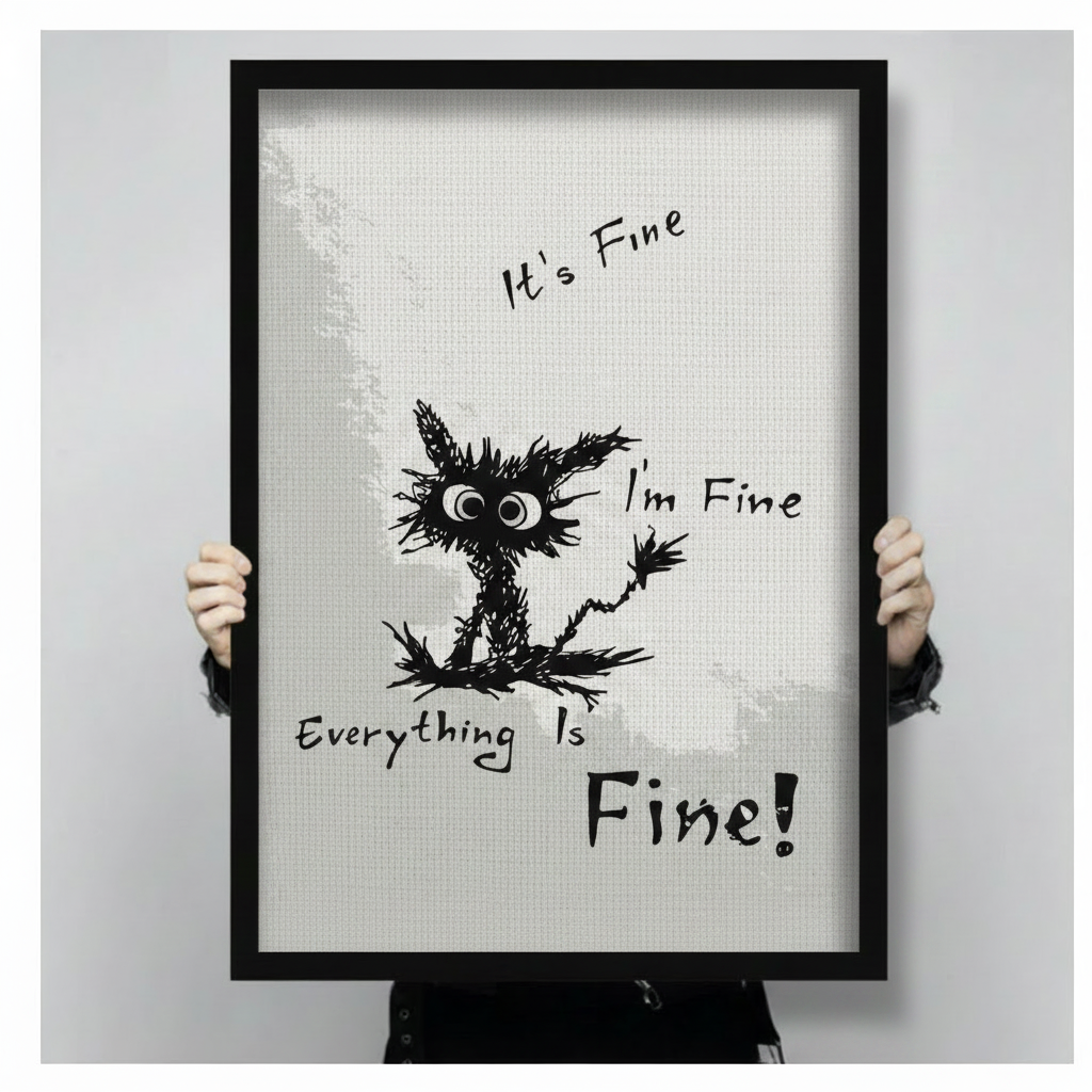 Close-up of black framed everything is fine crazy cat wall art print held by hands, showing sketchy cartoon style black cat with bold typography