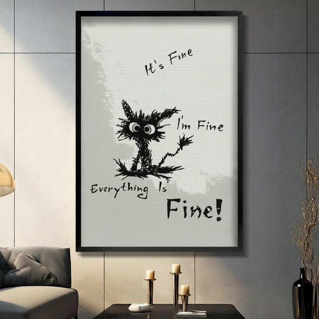 Framed funny black cat wall art print with text it's fine I'm fine everything is fine, sketchy cartoon cat illustration, modern living room decor