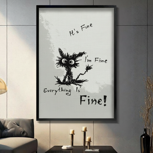 Framed funny black cat wall art print with text it's fine I'm fine everything is fine, sketchy cartoon cat illustration, modern living room decor