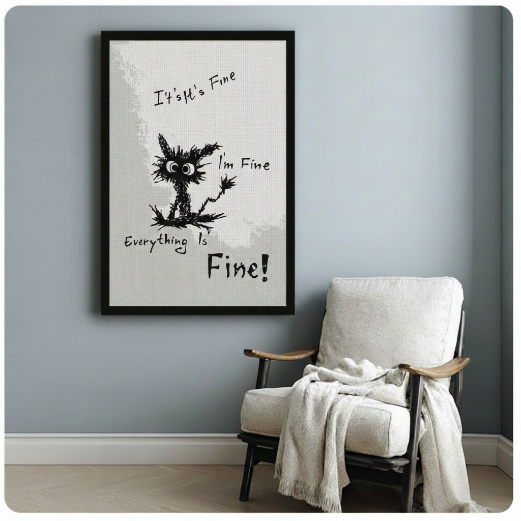 Black framed it's fine cat quote art print on blue-gray wall beside white armchair, witty hand-drawn cat illustration for home decor
