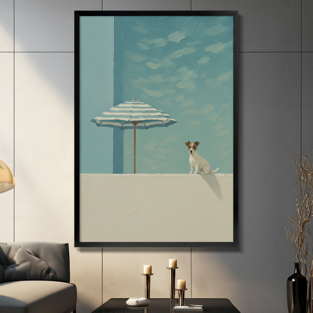 Minimalist Jack Russell terrier wall art in black frame, hung on dark grey wall above candle holders, striped beach umbrella and soft blue sky oil painting style