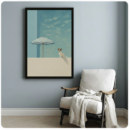 Framed Jack Russell terrier coastal art print on pale blue-grey wall beside linen armchair, calm summer dog illustration for living room or bedroom
