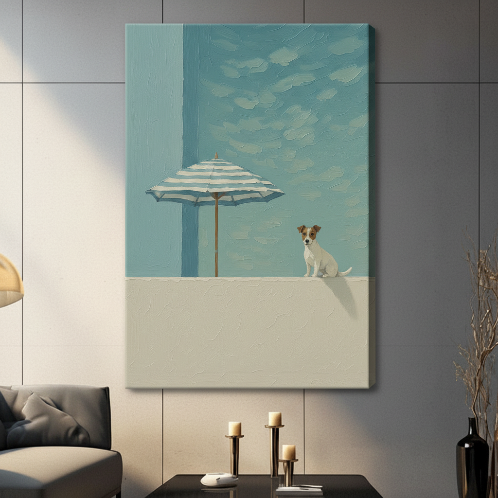 Frameless canvas wrap of Jack Russell terrier sitting beside striped beach umbrella, coastal minimalist dog wall art on grey living room wall