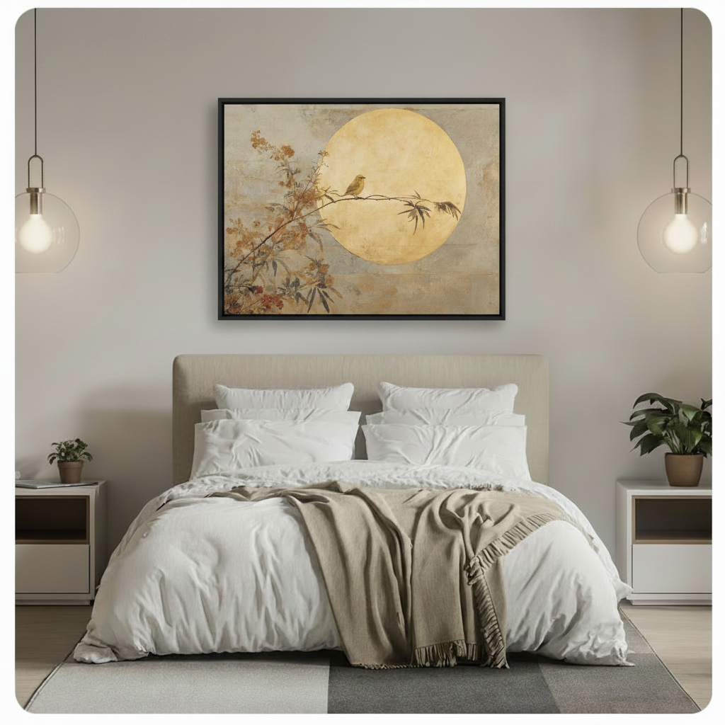 Serene Japandi bird on branch with golden moon framed canvas wall art displayed above bed as calming bedroom focal point in modern neutral bedroom with glass pendant lights