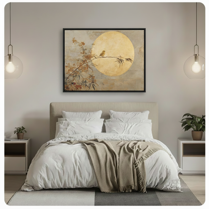 Serene Japandi bird on branch with golden moon framed canvas wall art displayed above bed as calming bedroom focal point in modern neutral bedroom with glass pendant lights