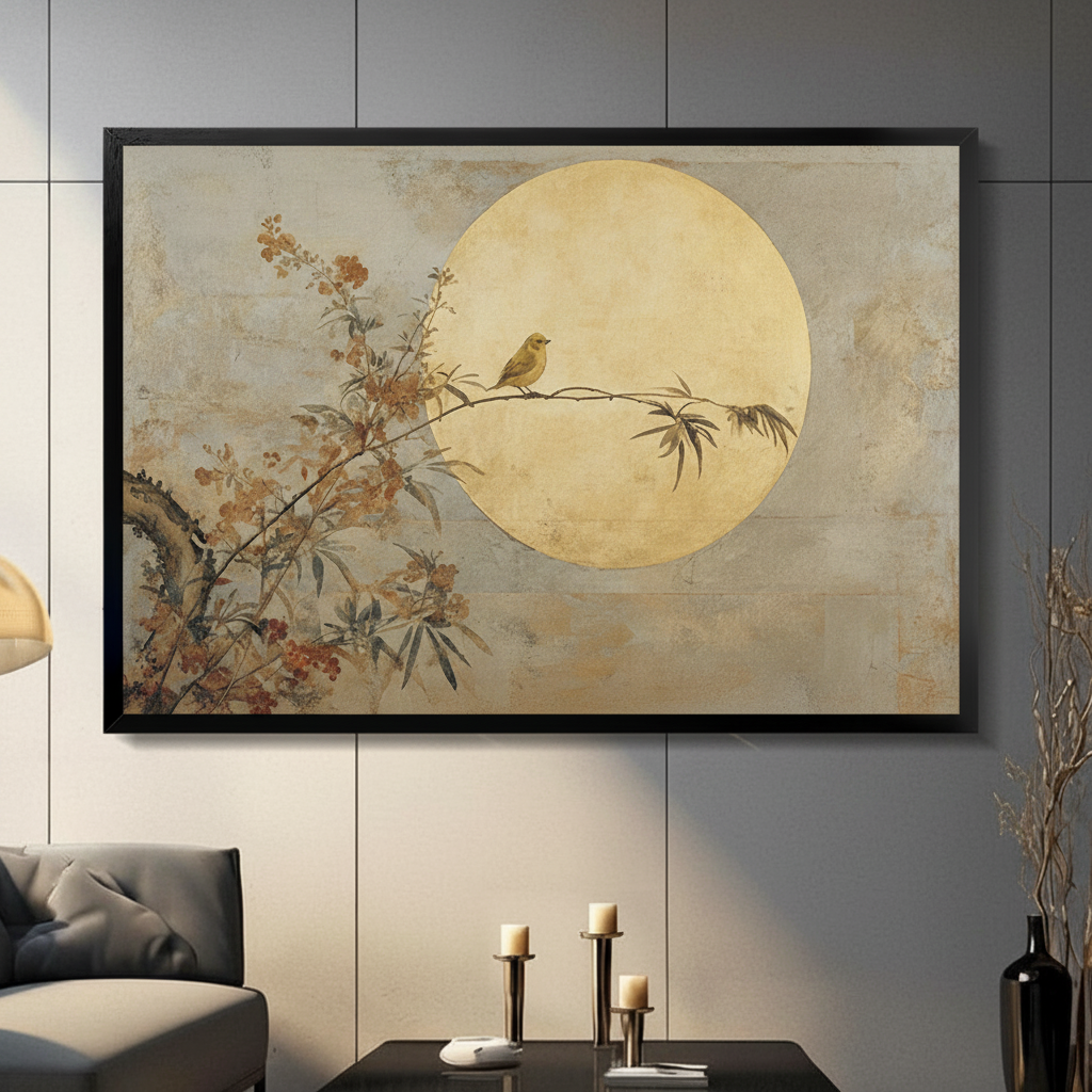  Japandi style bird on branch with golden moon framed canvas wall art in black wood frame displayed in modern living room with gray panel wall and candlesticks