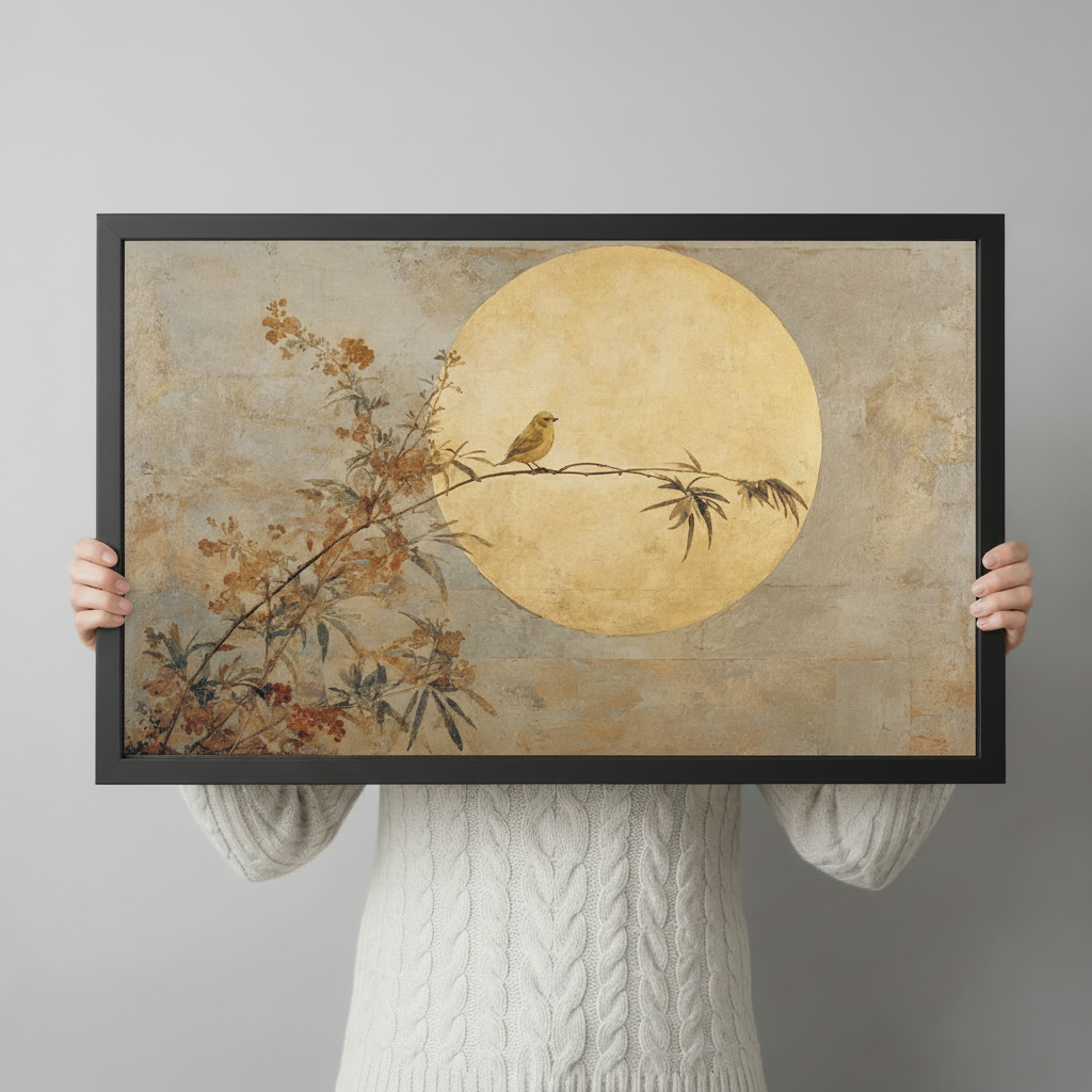 Hand-held preview of Japandi bird and moon canvas art in black frame showing delicate bird on bamboo branch with antique textured background and golden moon detail

