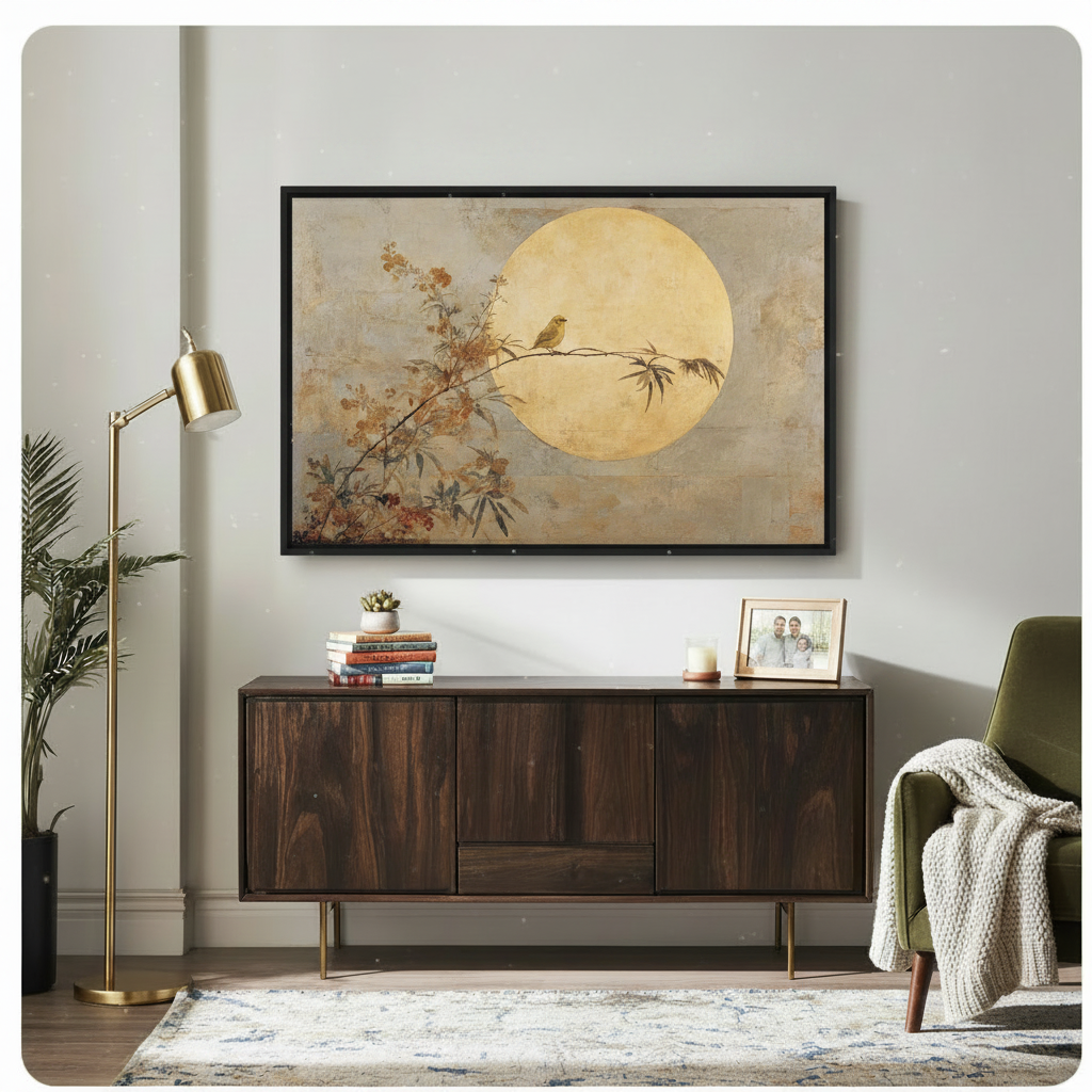 Framed Japandi bird and golden moon nature canvas art hung above dark walnut sideboard in modern living room with brass floor lamp and green velvet accent chair