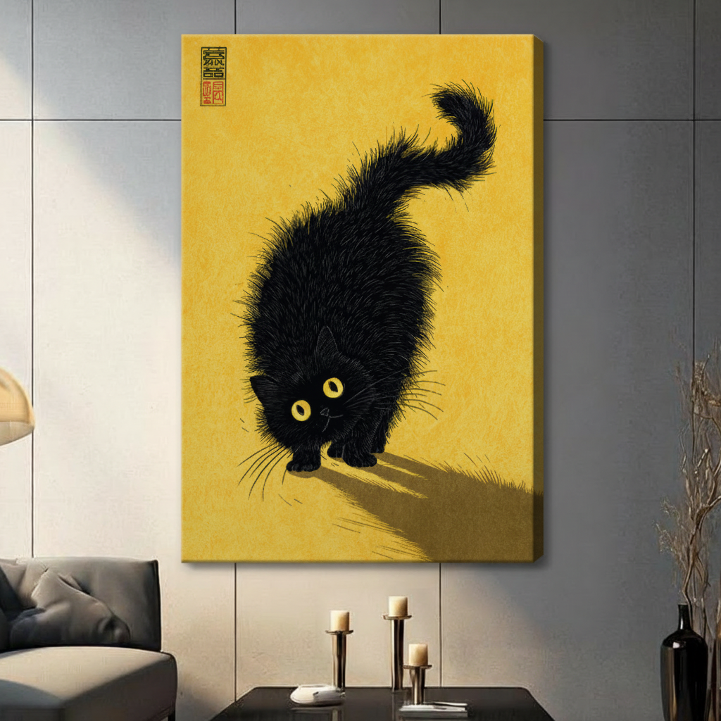 Stretched canvas Japandi style fluffy black cat wall art featuring a shaggy wide-eyed black cat with bright yellow eyes in a low crouching stalk pose with a dramatic cast shadow on a warm golden amber textured background with a red Chinese seal in the upper corner, hung on a dark gray tiled wall above a gray sofa 