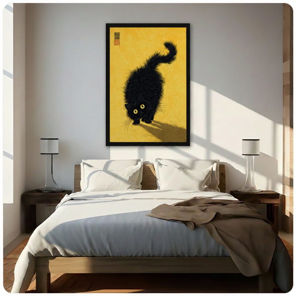 Black framed Japandi style fluffy black cat canvas art with a wild-furred black cat with vivid yellow eyes crouching low in a stalking pose with a long cast shadow on a warm golden amber textured background with a red Chinese seal stamp, hung above a dark wood bed with white linen bedding in a sunlit minimal bedroom