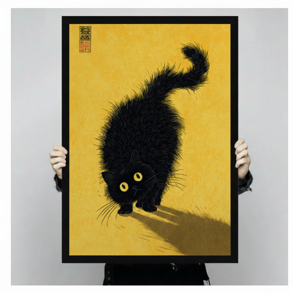 Person holding a large black framed Japandi style fluffy black cat canvas art print with a shaggy black cat with glowing yellow eyes in a low crouching pose casting a dramatic shadow on a warm golden amber textured background with a red Chinese seal stamp in the upper left corner