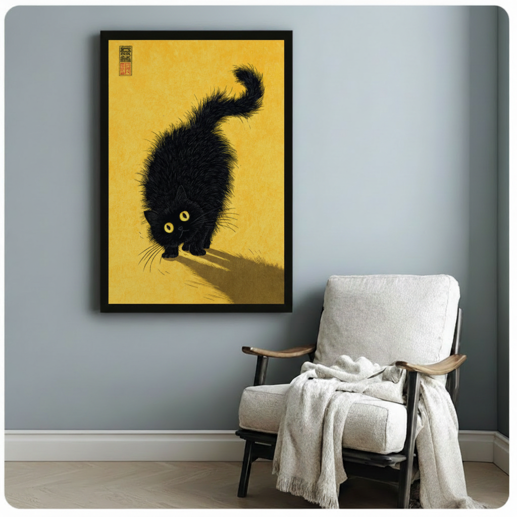 Black framed Japandi style fluffy black cat canvas art showing a spiky-furred black cat with piercing yellow eyes crouched in a hunting stance with a long cast shadow on a warm golden amber background with a small red Chinese seal stamp, displayed beside a white linen armchair with a cream throw in a serene minimal room