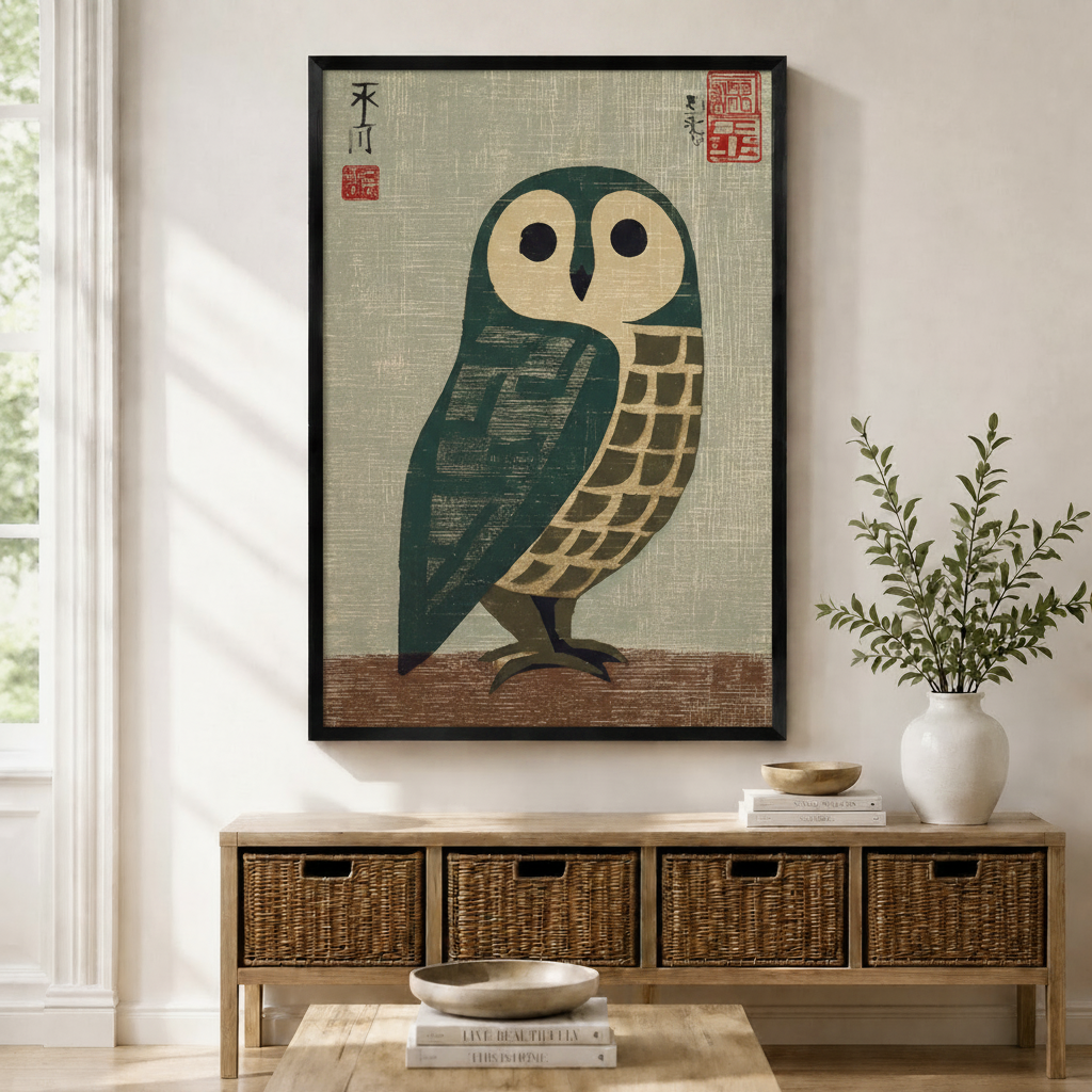 Japanese barn owl woodblock art print in black frame displayed above entryway console with wicker baskets