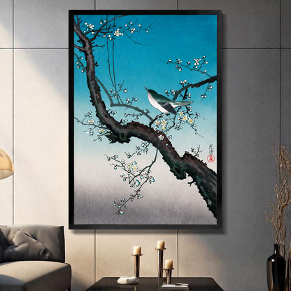 Japanese ukiyo-e style bird on plum blossom branch art print in black frame displayed in modern living room, teal blue gradient wall decor