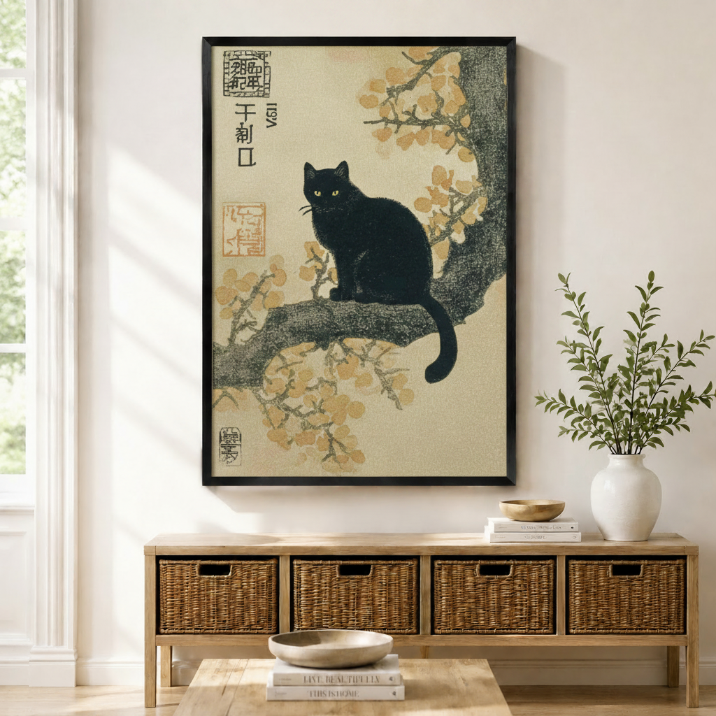 Japanese-style black cat on blossom branch framed canvas wall art — premium black wood frame, vertical portrait