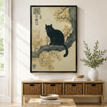 Japanese-style black cat on blossom branch framed canvas wall art — premium black wood frame, vertical portrait