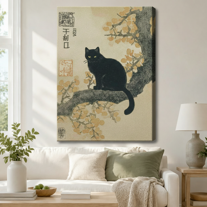 Oriental black cat sitting on flowering branch stretched canvas print — gallery-wrapped sides, ready to hang