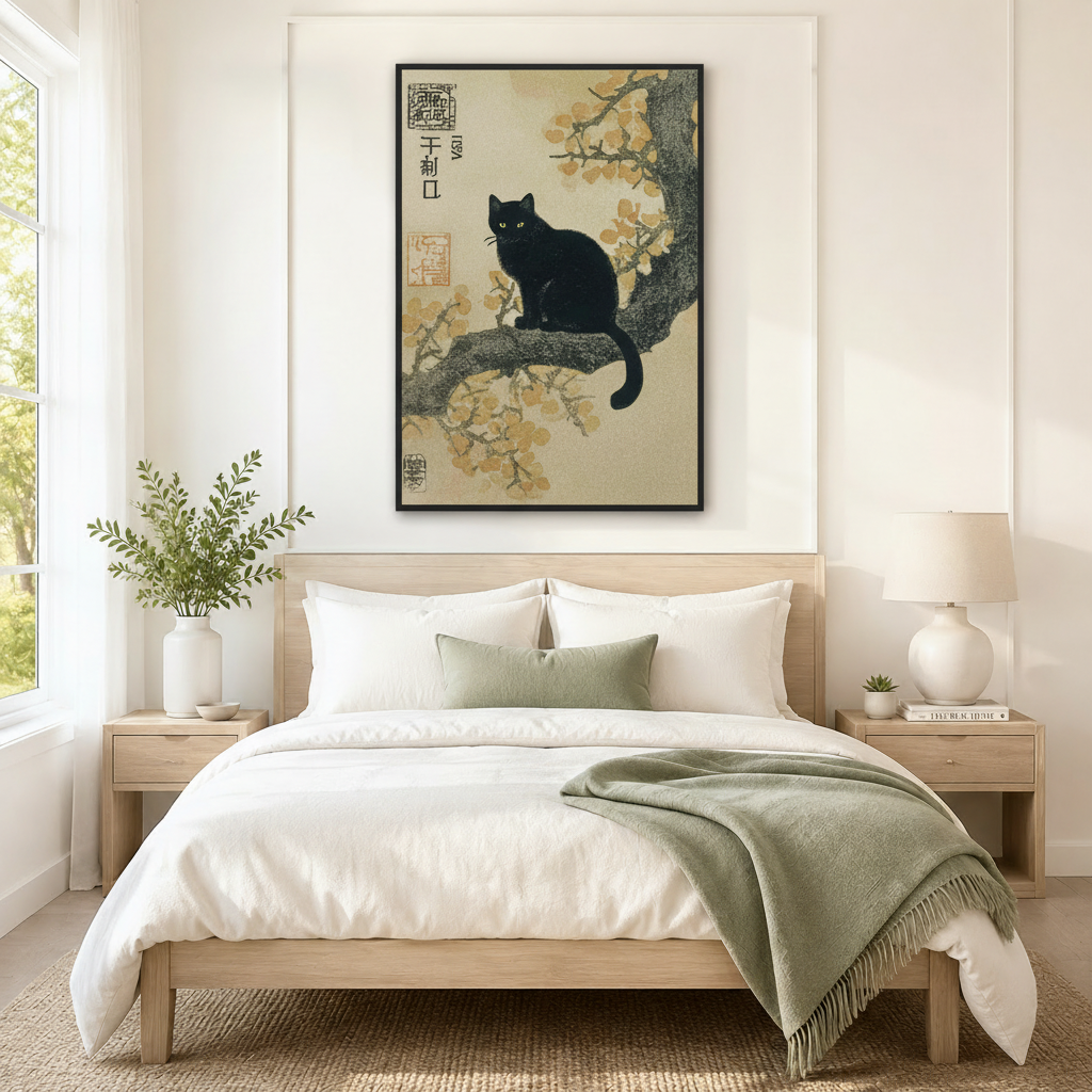 Oriental black cat on branch framed canvas art as statement piece above bed in serene Japandi-style bedroom