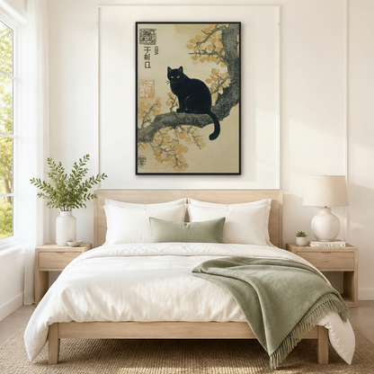 Oriental black cat on branch framed canvas art as statement piece above bed in serene Japandi-style bedroom