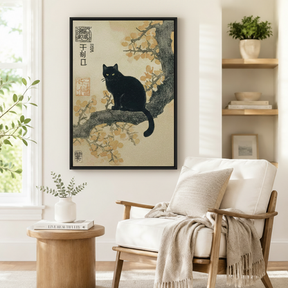 Japanese ink-style black cat canvas art displayed on white wall above armchair in bright Japandi reading nook