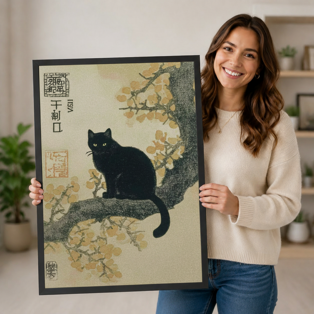 Woman holding large Japanese black cat blossom framed canvas print showing product size and premium black frame detail
