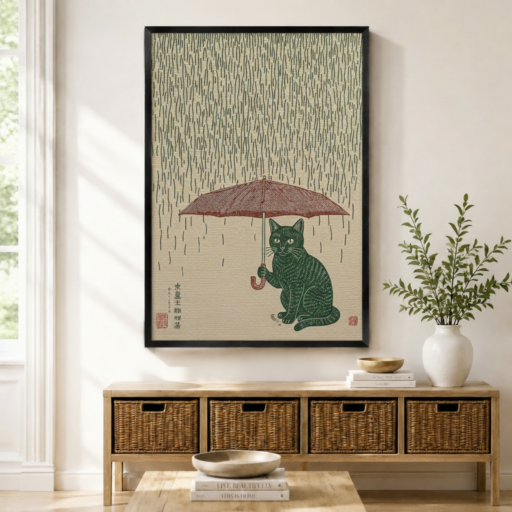 Japanese woodblock style framed wall art print featuring a green cat holding a red umbrella in the rain, displayed above a rattan console table in a Scandinavian entryway