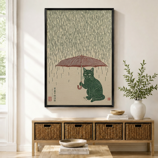 Japanese woodblock style framed wall art print featuring a green cat holding a red umbrella in the rain, displayed above a rattan console table in a Scandinavian entryway