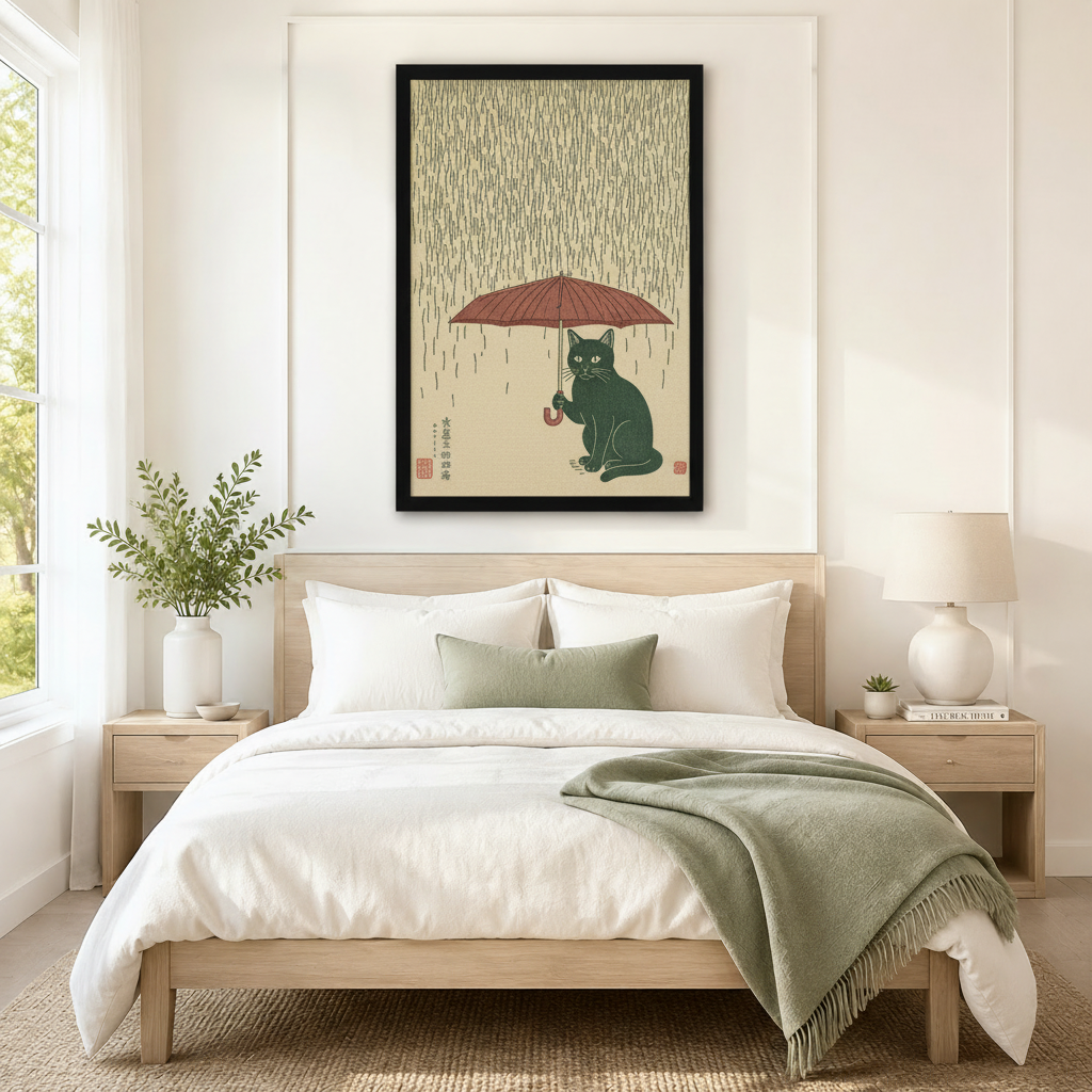 Framed Japanese woodblock cat and umbrella rain print hung above a minimalist Scandinavian bed with sage green accents, ideal for bedroom wall art decor