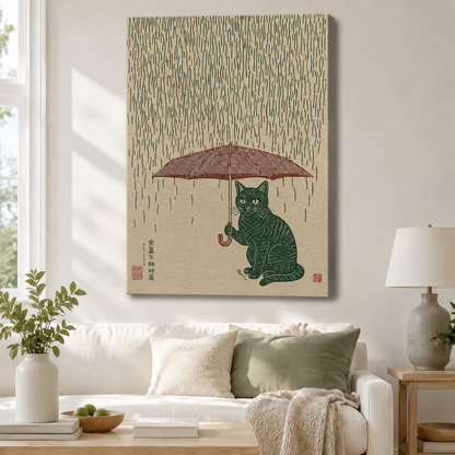 Gallery-wrapped canvas art of a green cat with a red umbrella standing in heavy rain, Japanese woodblock print style, hung above a white sofa in a bright Boho living room