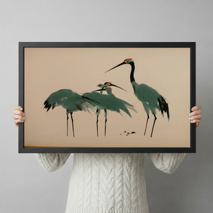 Person in white sweater holding Japanese red-crowned crane ink art framed canvas, showing print size reference