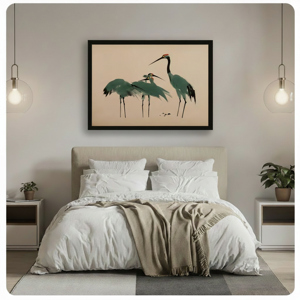 Japanese crane ink painting in black frame mounted above bed in minimalist bedroom with pendant lights